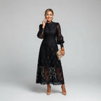 Long Sleeve High Neck Lace Midi Dress for Women | Wedding Guest