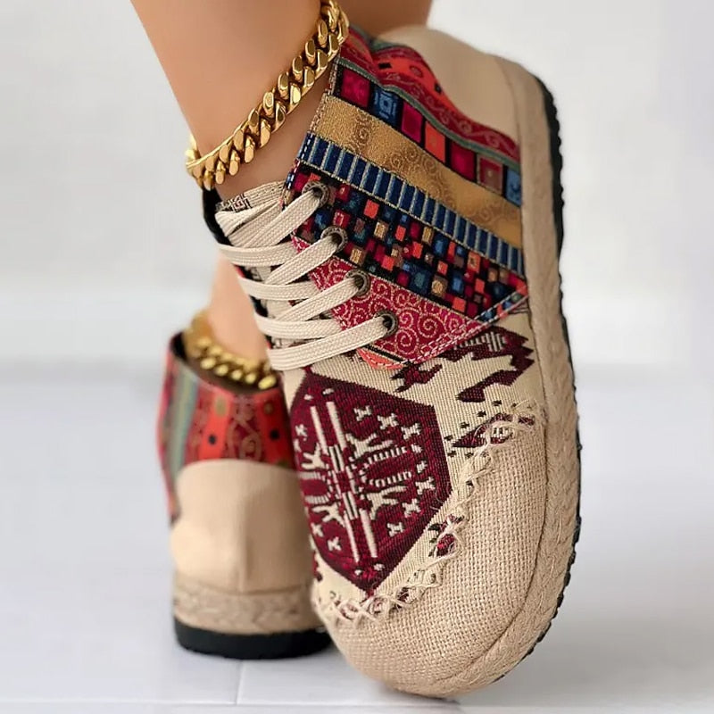 Red and Blue Bohemian Patterned High Top Lace Up Platform Trainers for Women