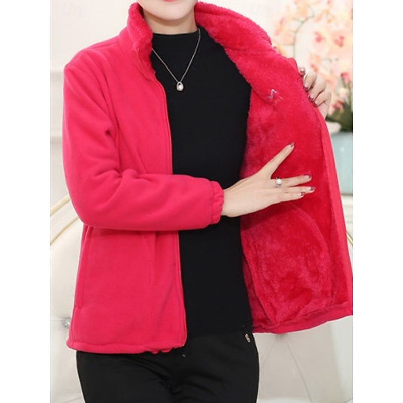 Plush Lined Stand Collar Loose Fit Jacket for Women | Full Zip with Pockets