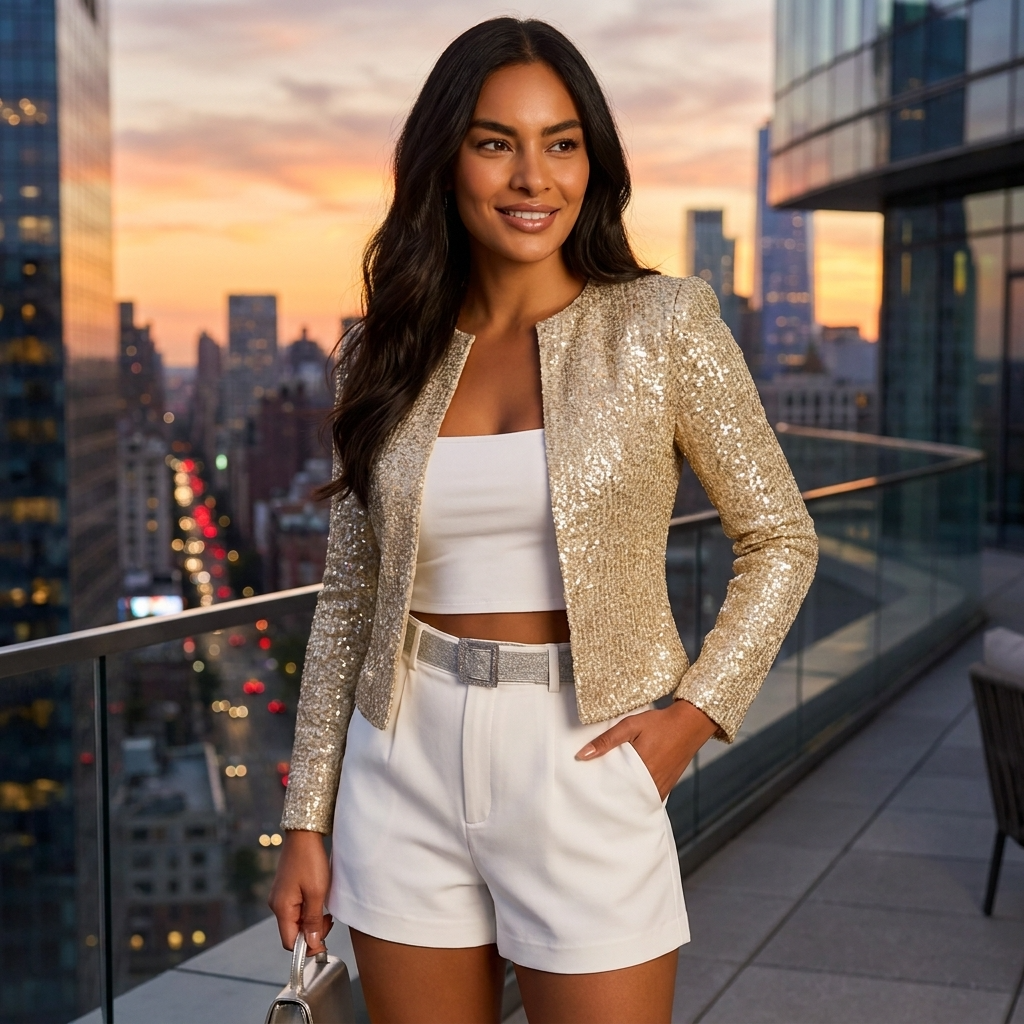 Sequin Cropped Collarless Open Front Blazer for Women | Evening Occasion