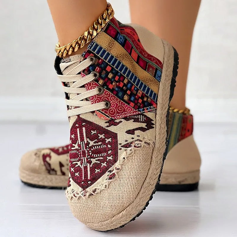 Red and Blue Bohemian Patterned High Top Lace Up Platform Trainers for Women