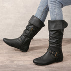 Flat Slouch Knee High Buckle Boots with Side Zip and Round Toe for Women