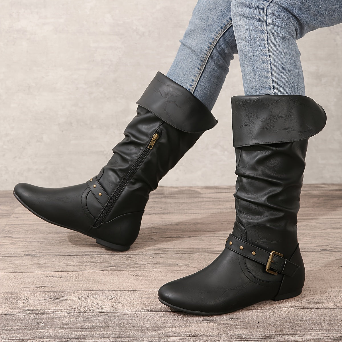 Flat Slouch Knee High Buckle Boots with Side Zip and Round Toe for Women