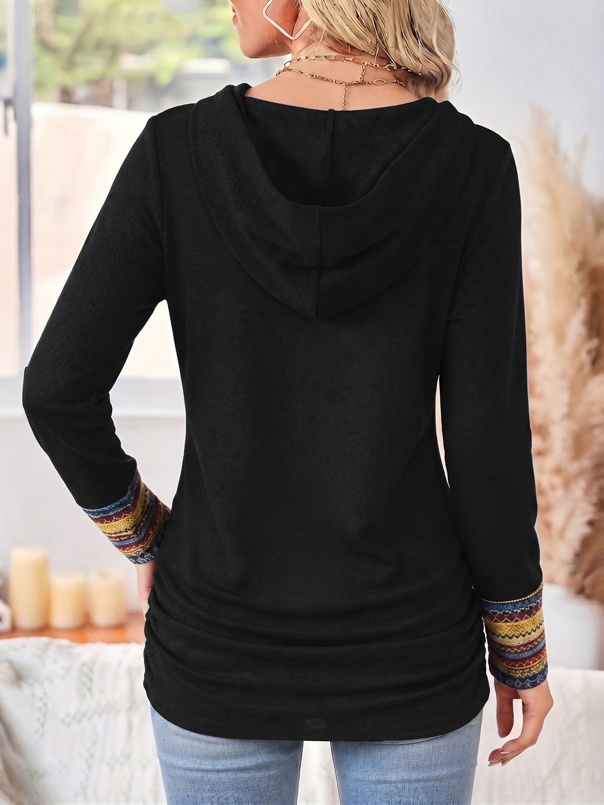 Patchwork Hoodie with Striped Trim and Side Ruching for Women | Casual Wear