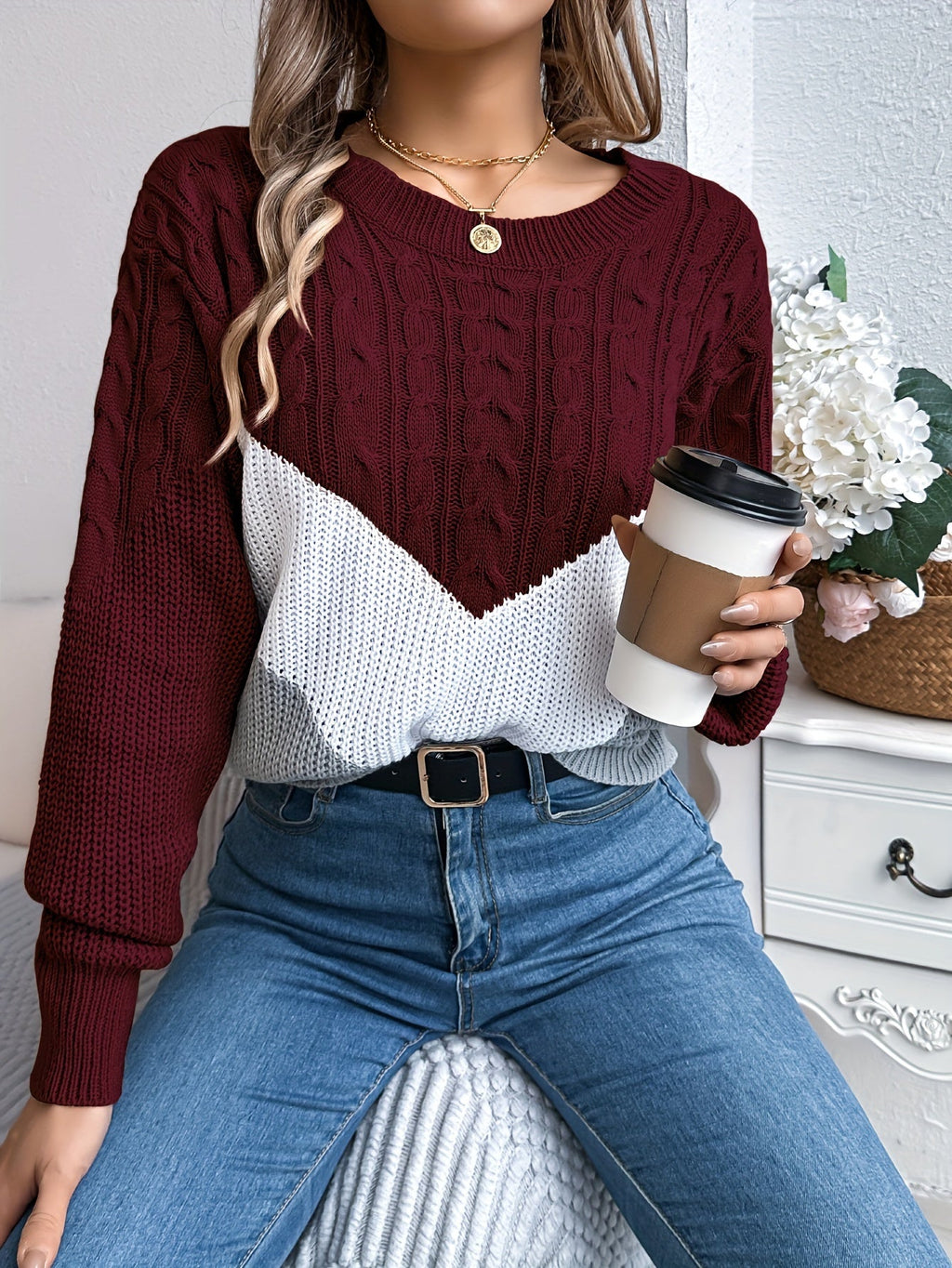 Colour Block Round Neck Knit Jumper for Women | Relaxed Fit Casual Wear