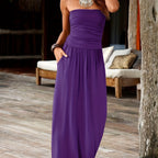 Strapless Bandeau Midi Dress with Waist-Cinching and Double Pockets for Women