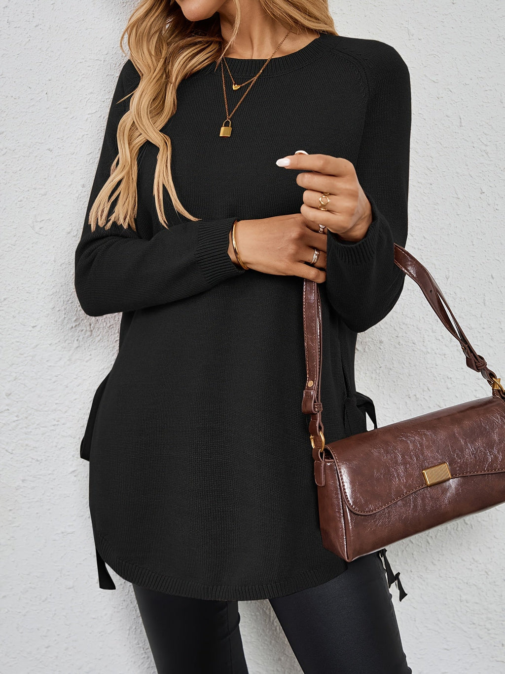 Knit Relaxed Fit Round Neck Longline Jumper with Side Slits for Women | Autumn