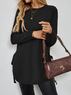 Knit Relaxed Fit Round Neck Longline Jumper with Side Slits for Women | Autumn