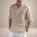 Linen Regular Fit Shirt for Men with Stand Collar and Long Sleeves