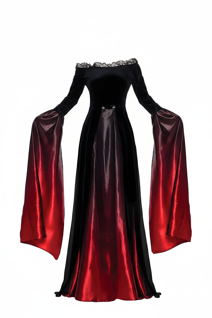 Black Ombré Lace Trim Trumpet Sleeve Costume Dress for Women | Halloween