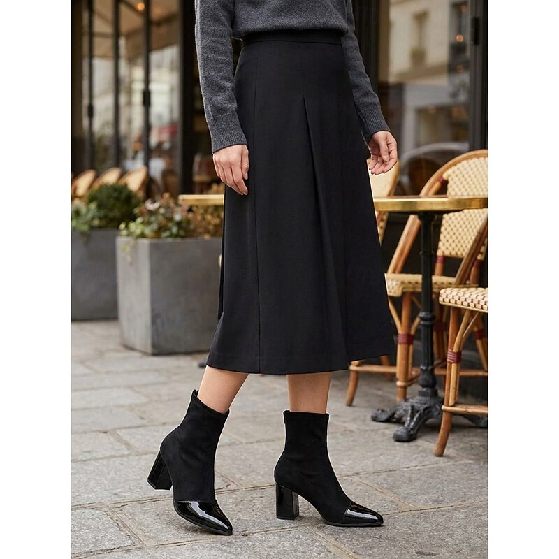 Stretch Shaft Cap Toe Chunky Block Heel Ankle Boots for Women | Office Wear