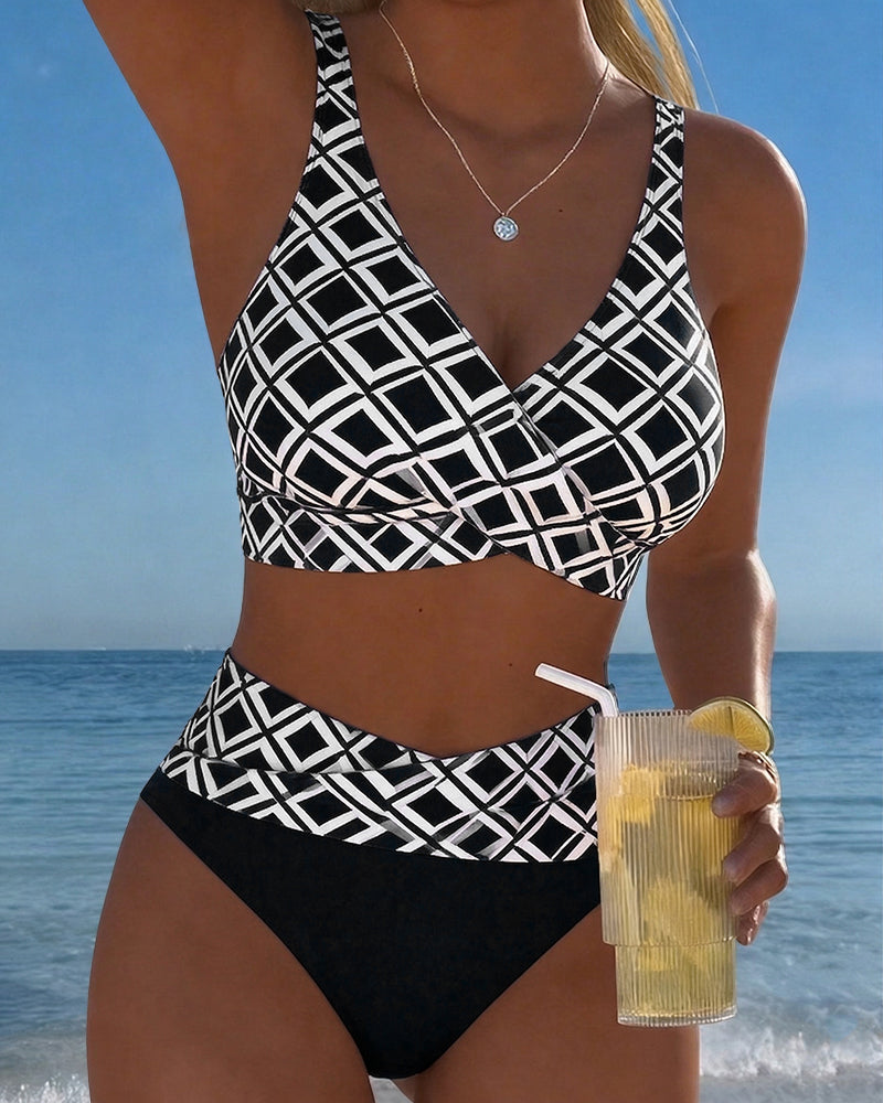 Check Print Wire Free Bikini Set with High Cut Briefs for Women | Beachwear