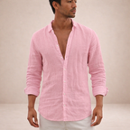 Linen Regular Fit Long Sleeve Open Collar Shirt for Men