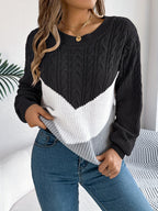 Colour Block Cable Knit Round Neck Long Sleeve Jumper for Women | Autumn Winter