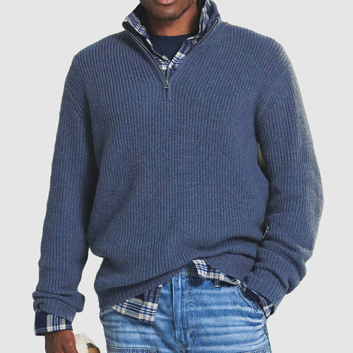 Cashmere Ribbed Quarter Zip Regular Fit Jumper with Raised Collar for Men