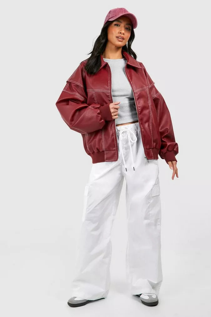 Burgundy Oversized Bomber Jacket for Women | Casual Layering Outerwear