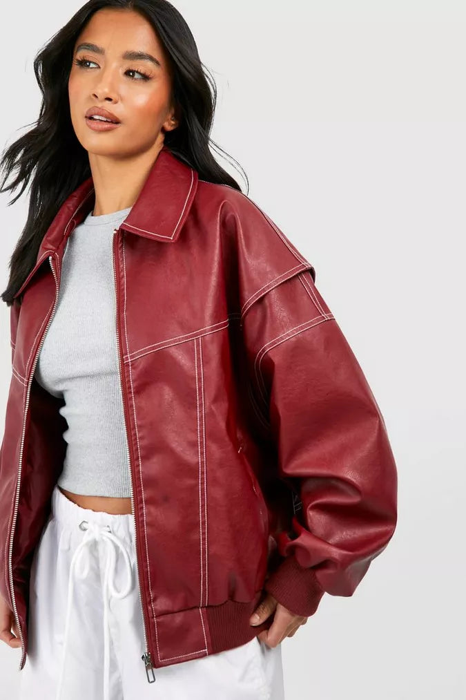 Burgundy Oversized Bomber Jacket for Women | Casual Layering Outerwear