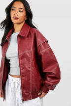 Burgundy Oversized Bomber Jacket for Women | Casual Layering Outerwear