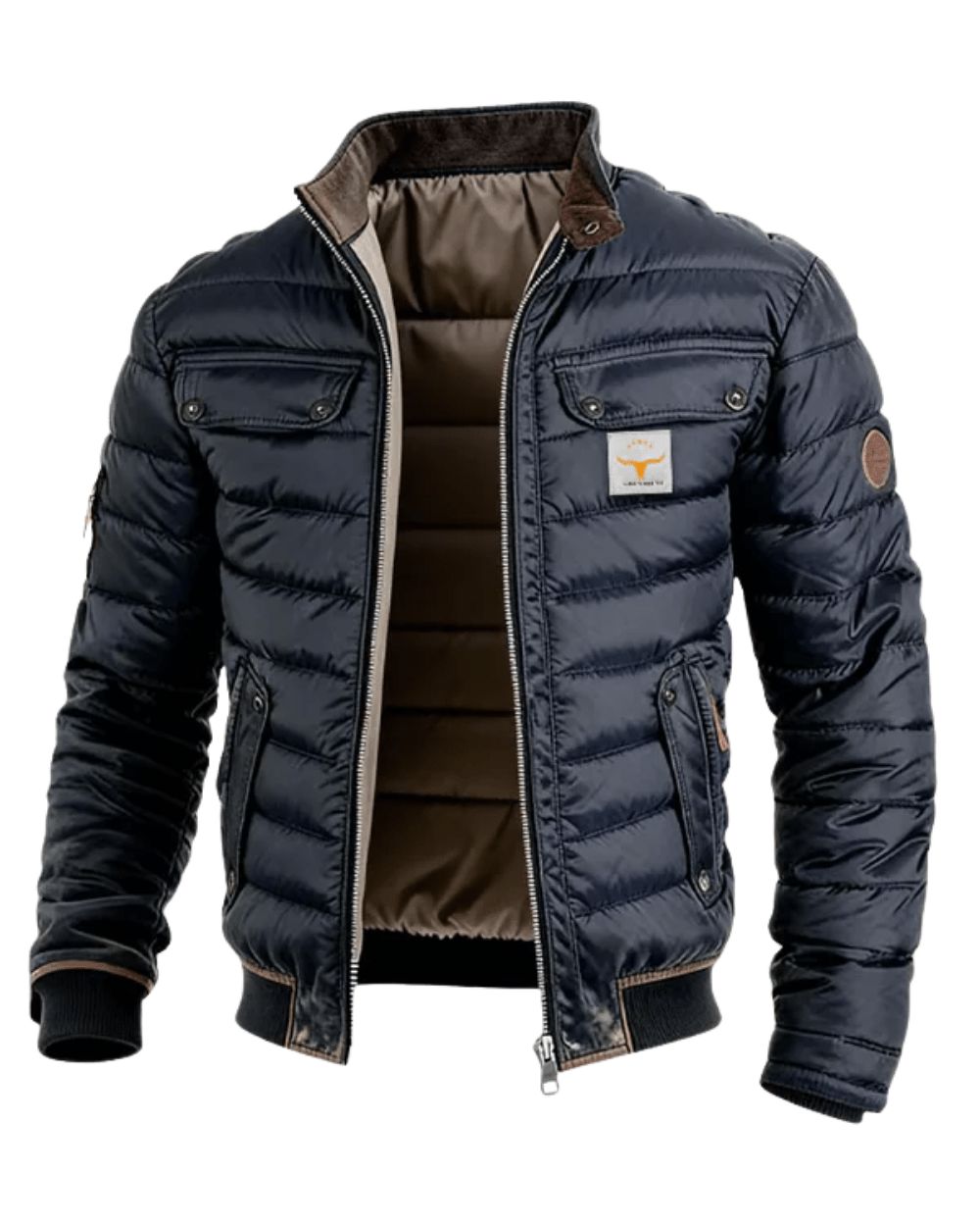 Navy Blue Quilted Stand Collar Jacket for Men | Slim Fit with Multiple Pockets