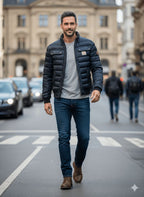 Navy Blue Quilted Stand Collar Jacket for Men | Slim Fit with Multiple Pockets