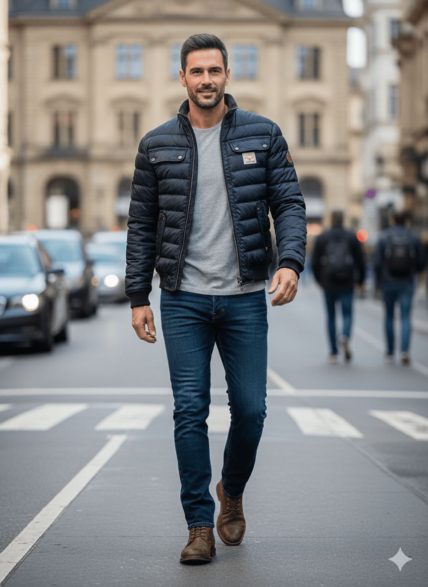 Navy Blue Quilted Stand Collar Jacket for Men | Slim Fit with Multiple Pockets