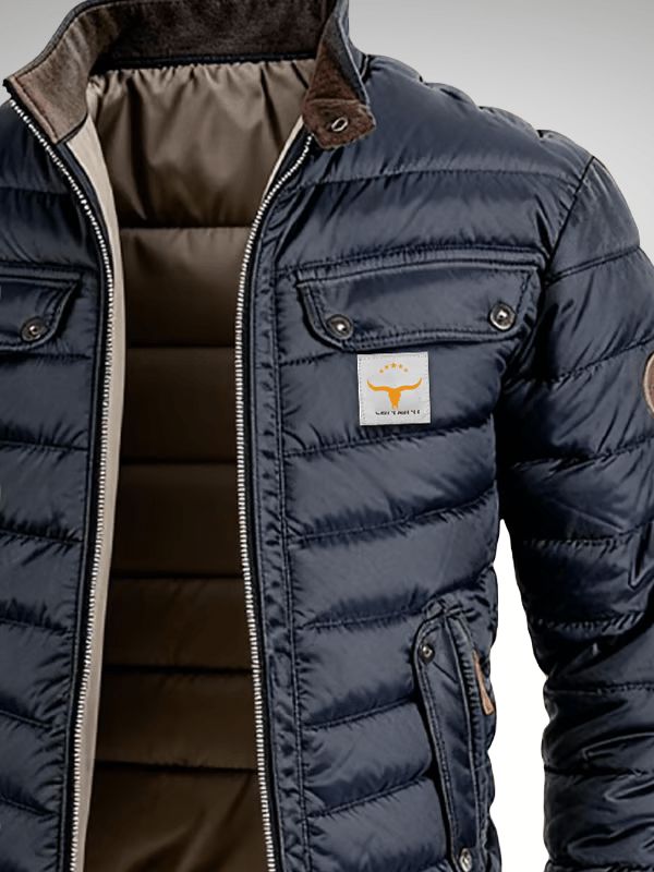 Navy Blue Quilted Stand Collar Jacket for Men | Slim Fit with Multiple Pockets