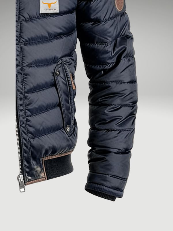 Navy Blue Quilted Stand Collar Jacket for Men | Slim Fit with Multiple Pockets