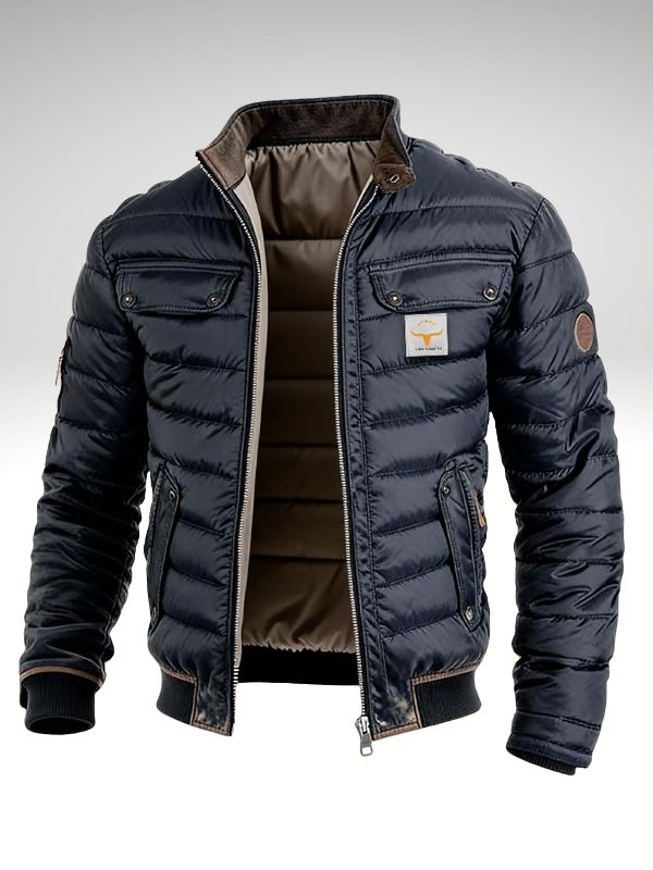 Navy Blue Quilted Stand Collar Jacket for Men | Slim Fit with Multiple Pockets