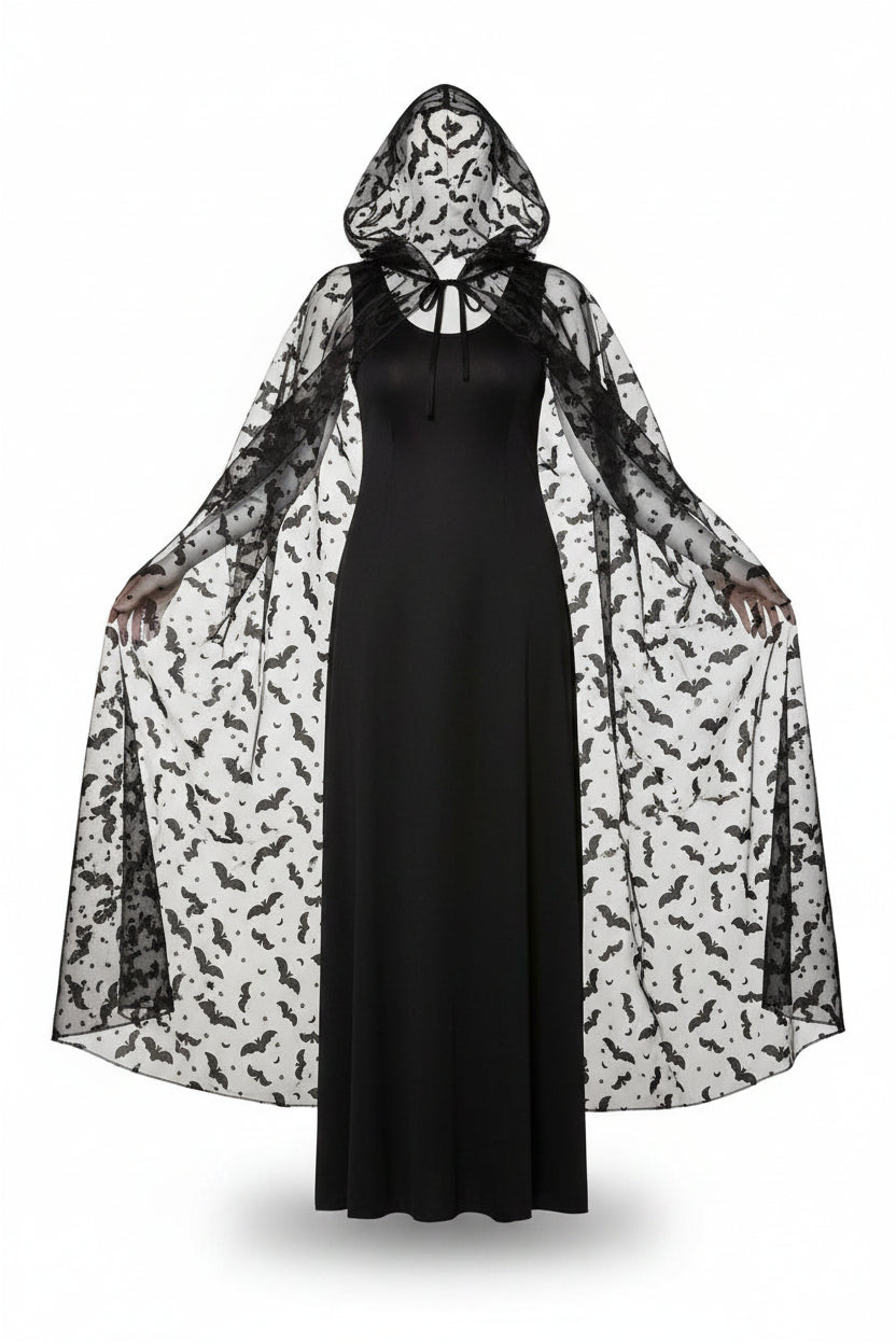 Black Sheer Bat Print Hooded Cape for Women | Halloween Costume Accessory