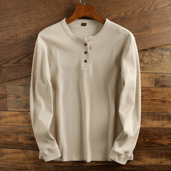 Grey Waffle Knit Henley Neckline Long Sleeve Textured Casual Top for Men