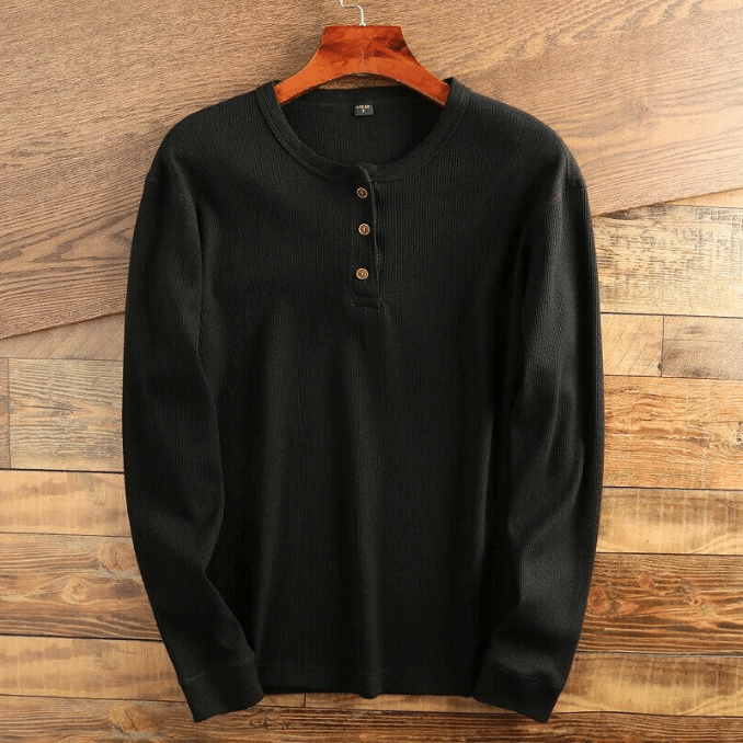 Grey Waffle Knit Henley Neckline Long Sleeve Textured Casual Top for Men
