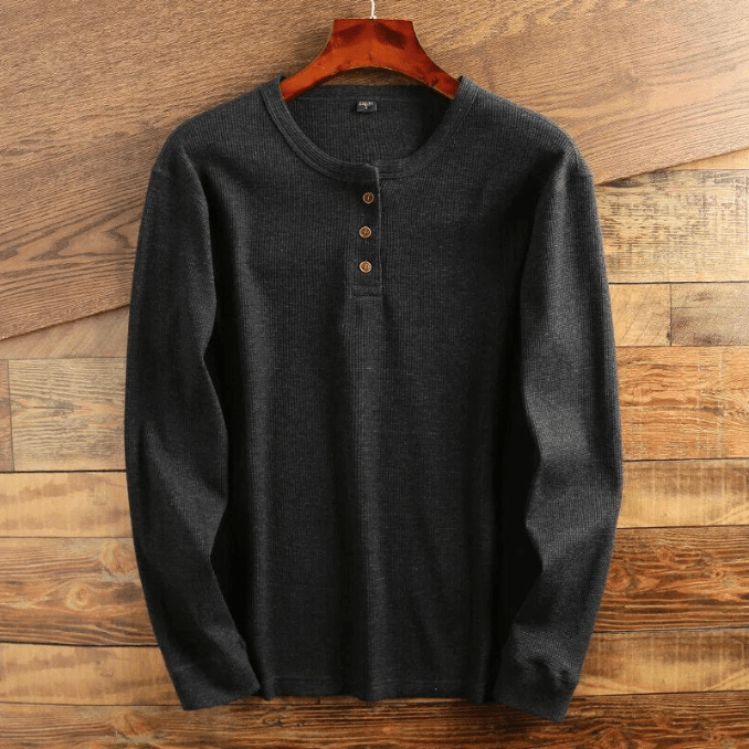 Grey Waffle Knit Henley Neckline Long Sleeve Textured Casual Top for Men