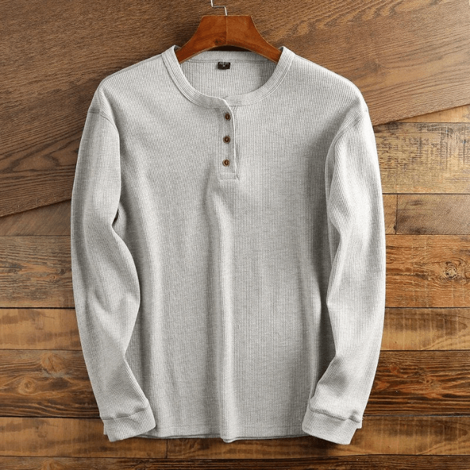 Grey Waffle Knit Henley Neckline Long Sleeve Textured Casual Top for Men