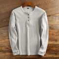 Grey Waffle Knit Henley Neckline Long Sleeve Textured Casual Top for Men