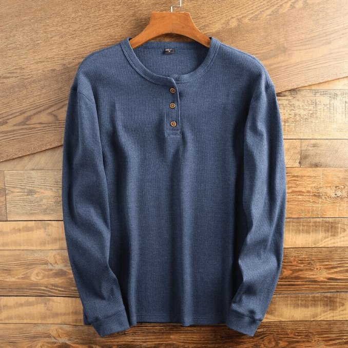Grey Waffle Knit Henley Neckline Long Sleeve Textured Casual Top for Men
