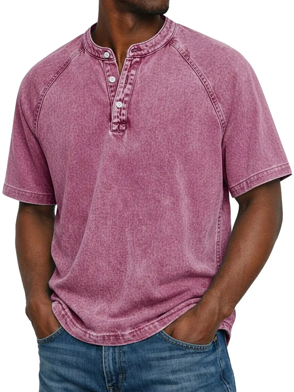 Washed Grey Henley Button Placket Raglan Sleeve T-Shirt for Men