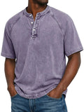 Washed Grey Henley Button Placket Raglan Sleeve T-Shirt for Men