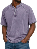 Washed Grey Henley Button Placket Raglan Sleeve T-Shirt for Men