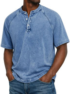 Washed Grey Henley Button Placket Raglan Sleeve T-Shirt for Men