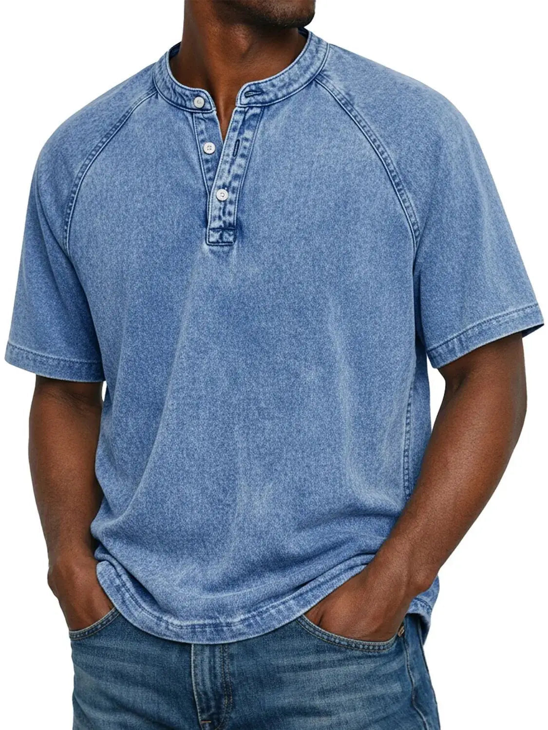 Washed Grey Henley Button Placket Raglan Sleeve T-Shirt for Men