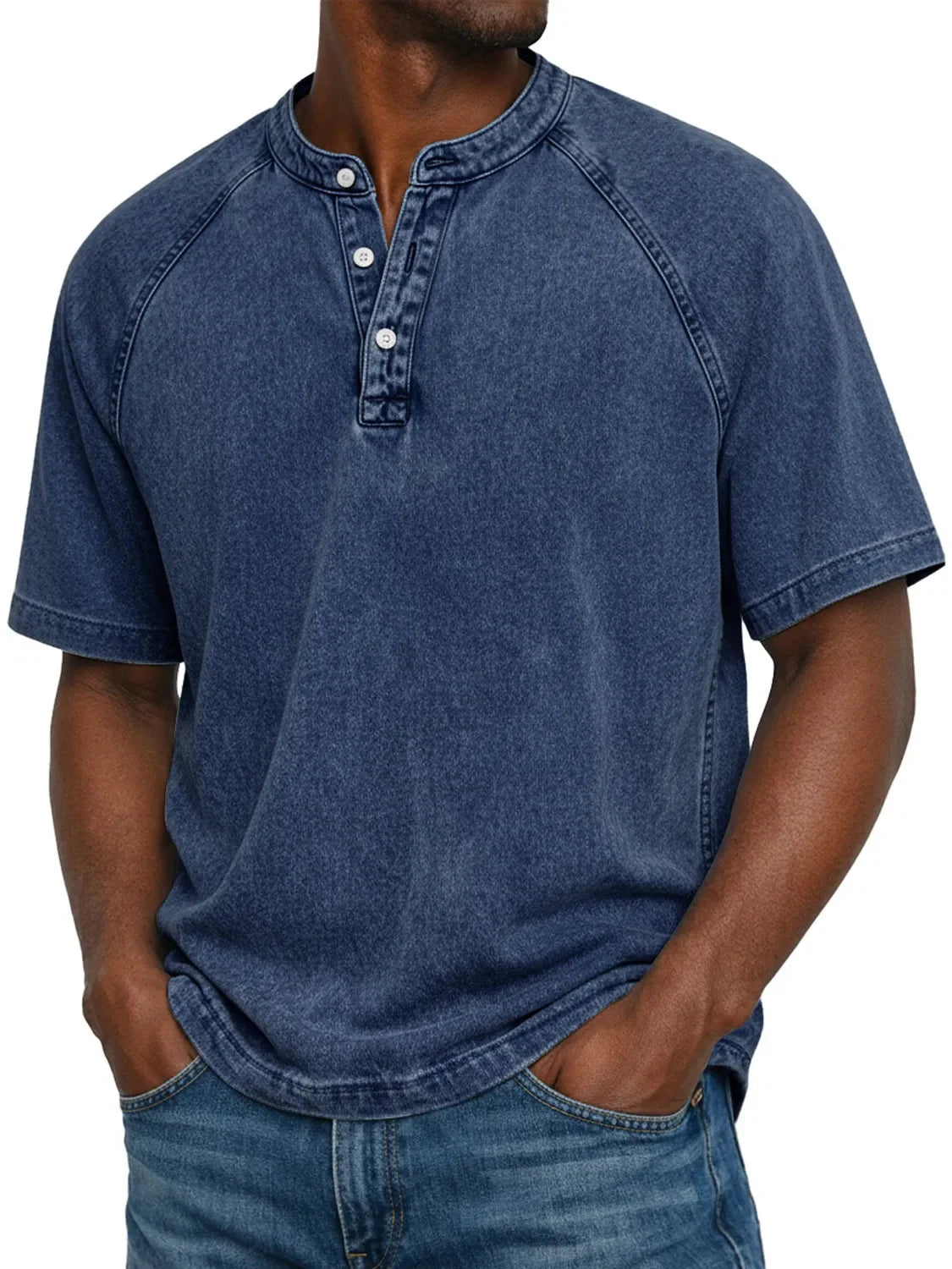 Washed Grey Henley Button Placket Raglan Sleeve T-Shirt for Men