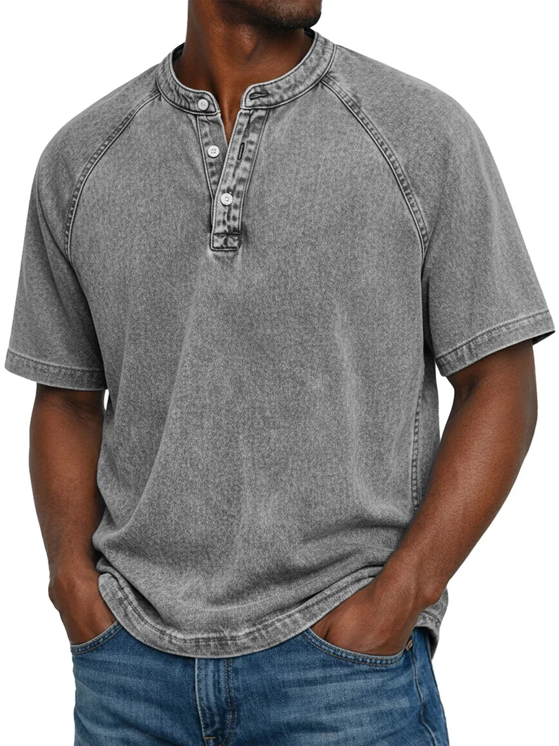 Washed Grey Henley Button Placket Raglan Sleeve T-Shirt for Men