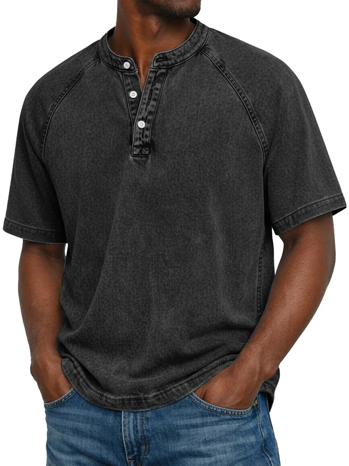 Washed Grey Henley Button Placket Raglan Sleeve T-Shirt for Men