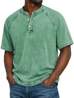 Washed Grey Henley Button Placket Raglan Sleeve T-Shirt for Men