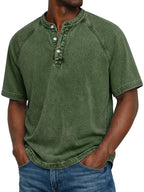 Washed Grey Henley Button Placket Raglan Sleeve T-Shirt for Men