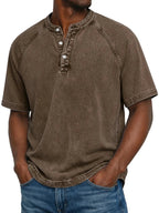 Washed Grey Henley Button Placket Raglan Sleeve T-Shirt for Men