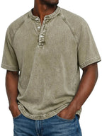 Washed Grey Henley Button Placket Raglan Sleeve T-Shirt for Men