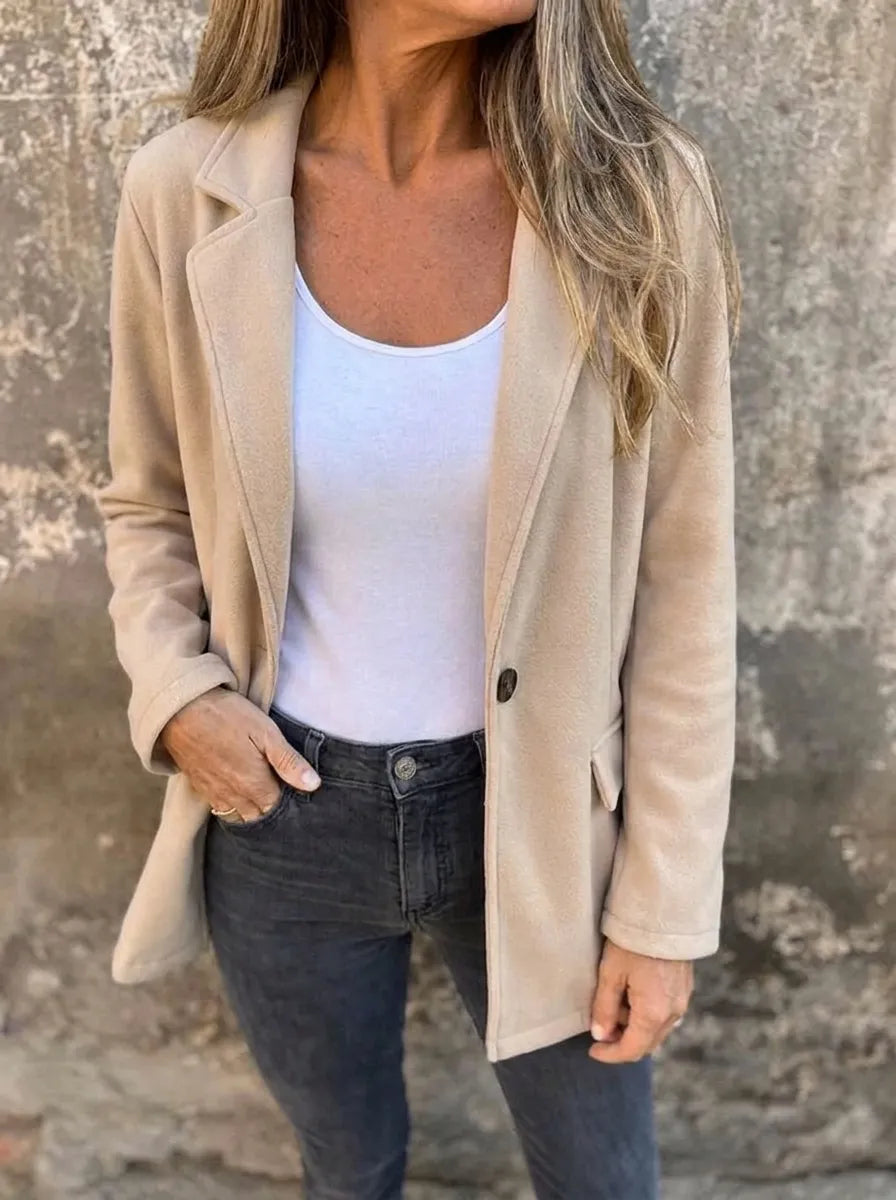Polyester Blend Regular Fit Button Front Blazer with Lapel Collar for Women