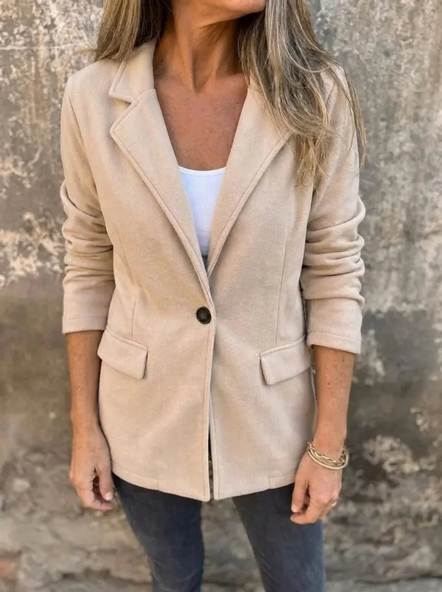 Polyester Blend Regular Fit Button Front Blazer with Lapel Collar for Women