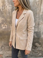 Polyester Blend Regular Fit Button Front Blazer with Lapel Collar for Women